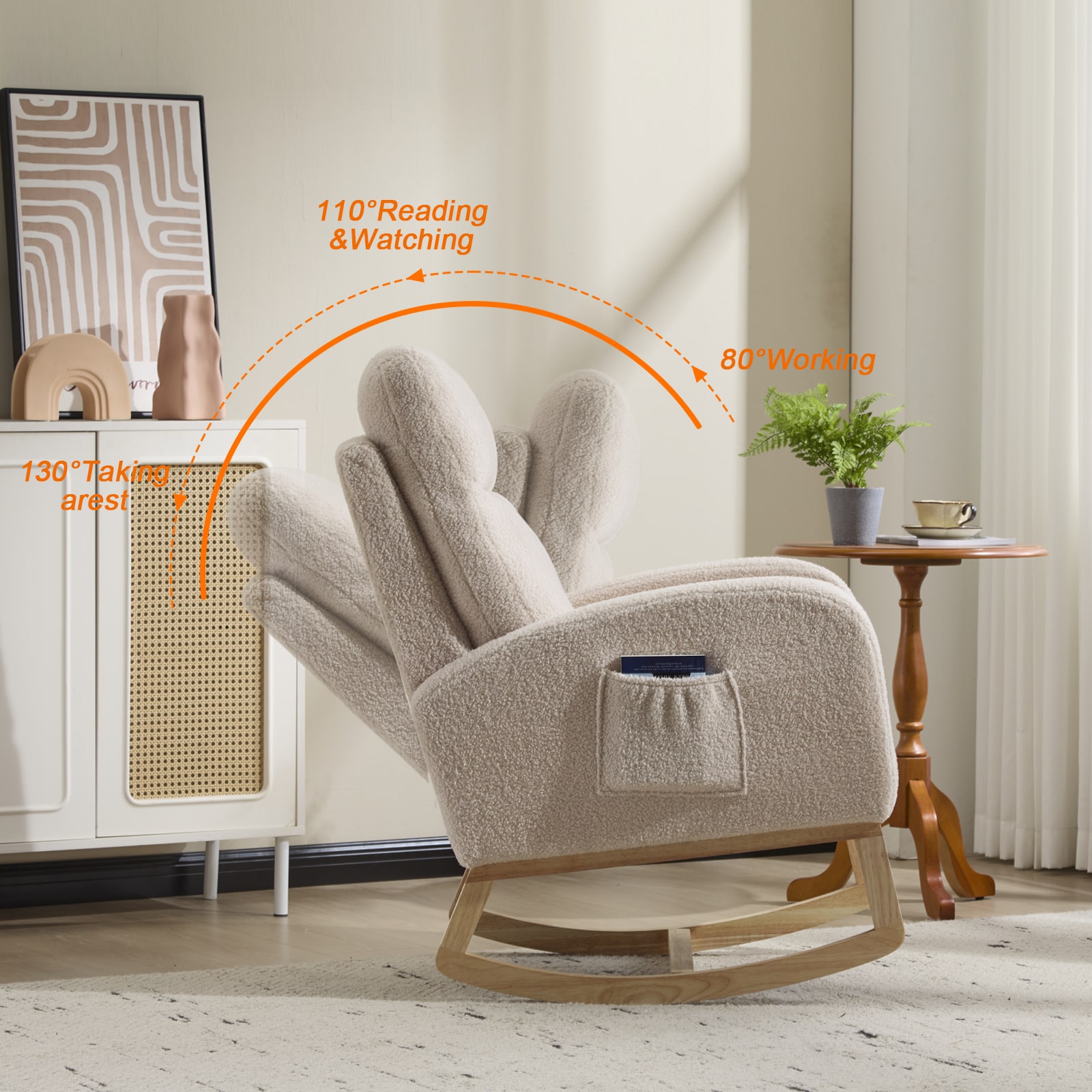 Modern Accent Rocking Chair Rocking Chair With Solid Wood Legs, Upholstered Nursery Glider Rocker, Comfy Armchair With Side Pocket, Living Room Lounge Arm Chair With High Backrest (Beige,teddy)_voghion.com